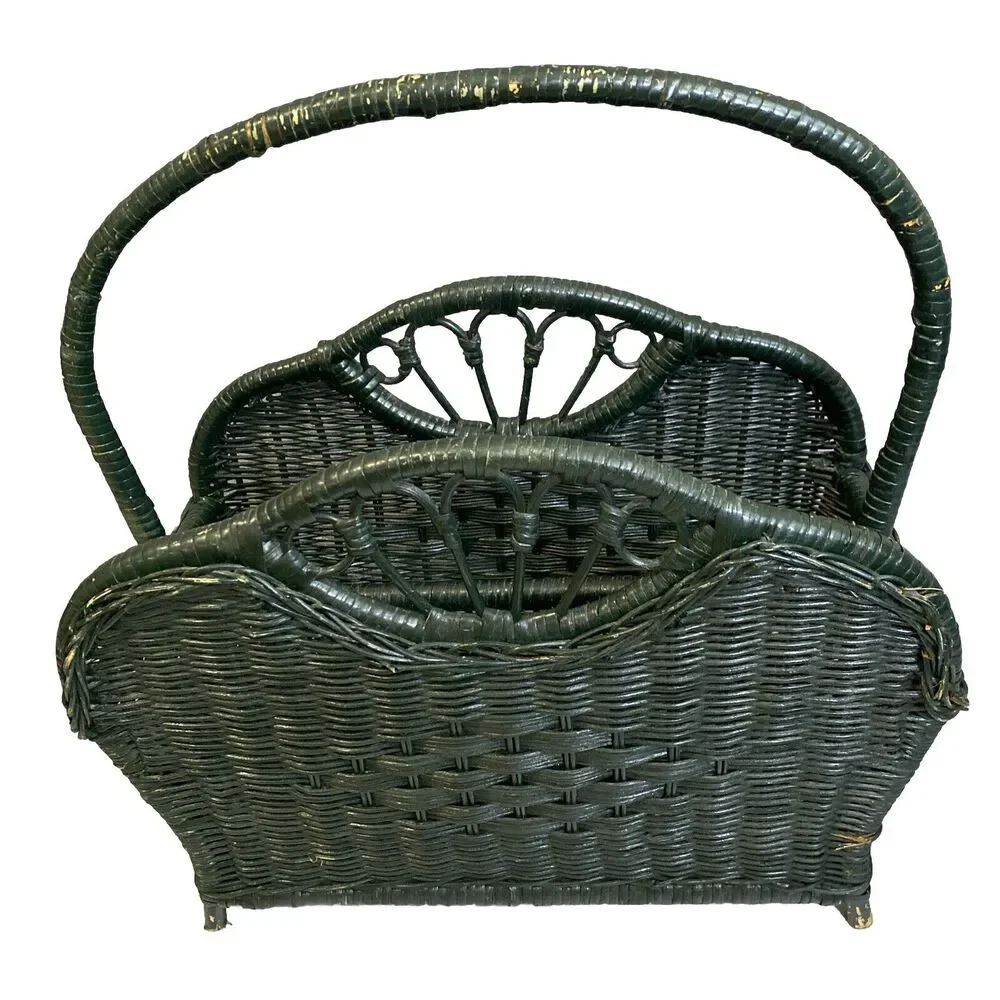 VTG Wicker Magazine Towel Record Storage Basket Green Peacock Shabby Cottage 60s